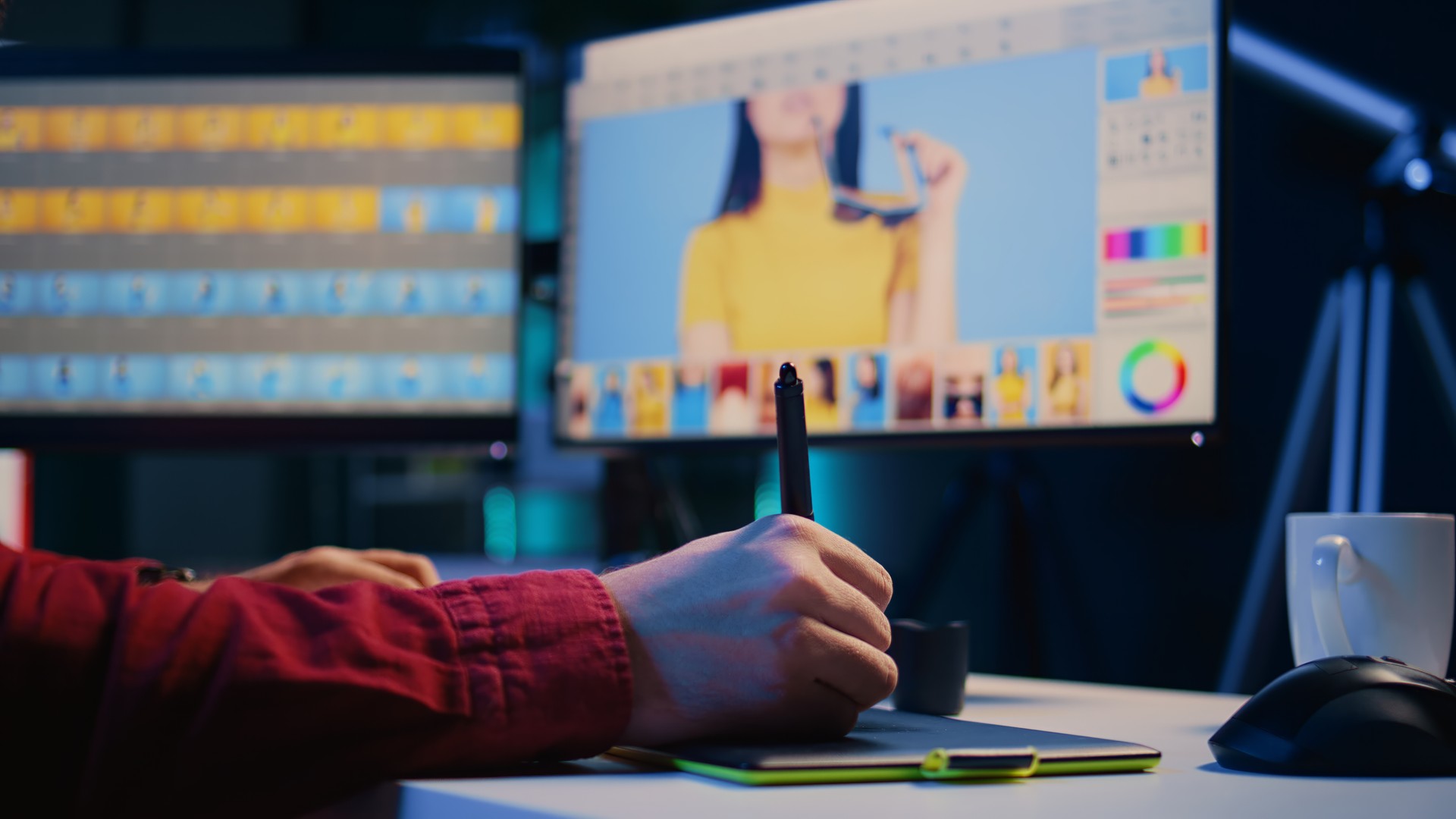 Photo editor editing images, doing color correction in post production company using graphic tablet